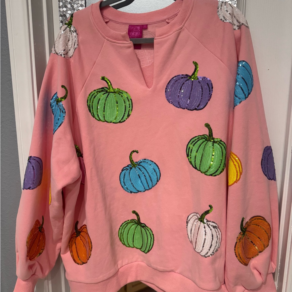 Queen Of Sparkles Pink Sweater With Colorful Pumpkins